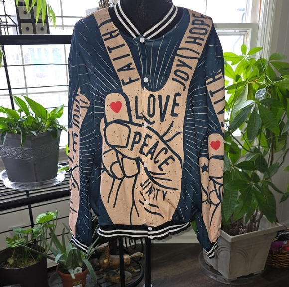 Jackets & Blazers - Graphic Bomber Jacket - Teal and Tan